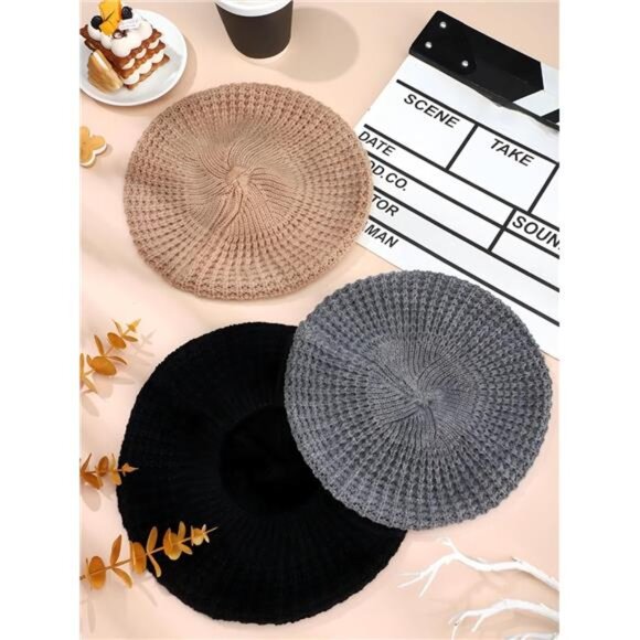 3 Pcs Women\'s Soft Slouchy Crochet Beret Chic Cutout Beret Hats main image 5